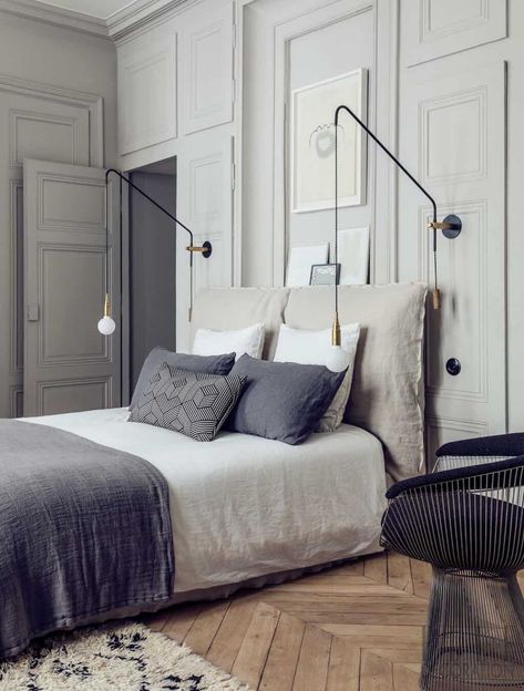 Panelled Bedroom, Panelled Ceiling, Best Engineered Wood Flooring, French Bedroom Design, Modern French Apartment, Blue Gray Bedroom, Paneled Walls, Monochrome Bedroom, French Apartment