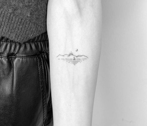 Lake Dock Tattoo, Mountain With Lake Tattoo, Tiny River Tattoo, Horizon Line Tattoo, River Tattoo For Women Simple, Fine Line Lake Tattoo, Minimalist Lake Tattoo, Fine Line River Tattoo, Fjord Tattoos