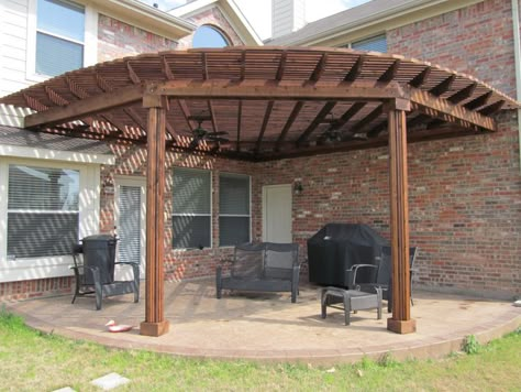 Corner pergola with fans                                                       … Curved Pergola, Corner Pergola, Patio Fan, Small Pergola, Outdoor Covered Patio, Pergola Pictures, Pergola Swing, Pergola Design, Pergola Canopy