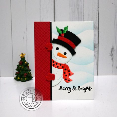 Hero Arts Peeking Snowman, Peeking Snowman Cards, Snowman Card Ideas, Hero Arts Christmas Cards, Peeking Snowman, Penguin Christmas Cards, Mittens Card, Playful Penguins, Hero Arts Cards