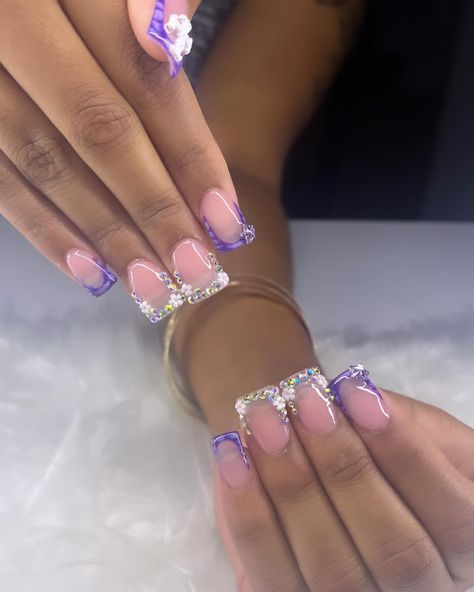 purple blinged out duck nails ✨💜 • • • • • #ducknails #purplenails #promnails #bookwithme #nailswanaya #explorepage✨ #explore #viral #nails #beginnernailtech #dynamicnailsupply #supportme Toes Nails Purple, Purple Set Nails, Short Nail Ideas Purple, Purple Nail Looks, Purple Junk Nails, Purple Nails Birthday, Purple Duck Nails, Short Pink Nails Ideas, Purple Gel X Nails