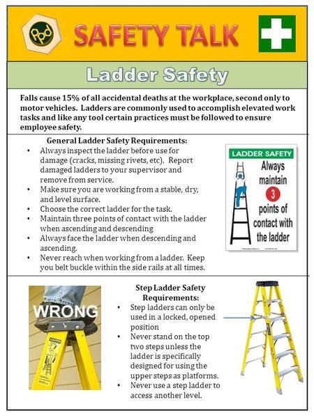 Falls cause 15% of all accidental deaths at the workplace, second only to motor vehicles. Ladders are commonly used to accomplish elevated work tasks and.> Fire Safety Poster, Safety Infographic, Workplace Safety Tips, Ladder Safety, Safety Talk, Safety Topics, Health And Safety Poster, Safety Slogans, How To Help Nausea