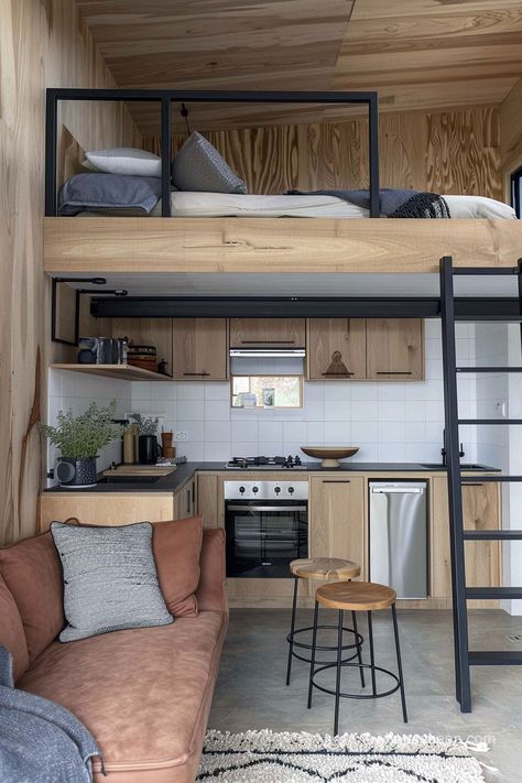 Tiny House Mezzanine, Mezanine Interior, Diy Interior Ideas, Creative Upcycling, Eco Construction, Tiny Loft, Loft Bed Plans, Mini Apartments, Mini Studio