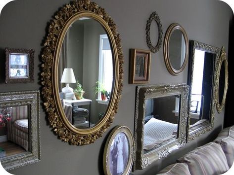 Vintage mirrors are so beautiful! I fell in love with this idea after seeing the walls of a bathroom at a bar covered with mirrors like this. Mirror Gallery Wall Ideas, Mirror Collage Wall, House Of Mirrors, Wall Galleries, Mirror Collage, Mirror Wall Collage, Bed Idea, Victorian Hallway, Mirror Gallery