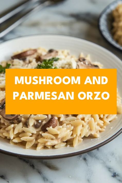 A photo of a  Mushroom and Parmesan Orzo a Orzo Recipes Leftover Orzo Recipes, Creamy Mushroom Orzo, Orzo Mushroom Recipes, Gluten Free Orzo Recipes, Parmesan Orzo Recipes, Healthy Orzo Recipes, Orzo Mushroom, Orzo With Mushrooms, Creamy Orzo Recipes