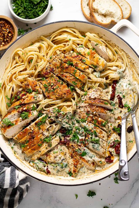 Creamy Tuscan Chicken Alfredo Blackened Chicken Alfredo, Garlic Mashed Potatoes Easy, Creamy Tuscan Chicken, Recipe Inspirations, Chicken And Pasta, Italian Meals, Tuscan Chicken Pasta, Bday Dinner, Fettuccine Noodles