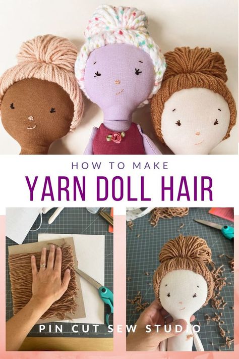 Homemade Dolls How To Make, How To Make Yarn Hair For Dolls, Diy Yarn Hair For Dolls, Cloth Doll Hair Ideas, Rag Doll Yarn Hair Diy, Rag Doll Hair How To Make, Yarn Doll Hair Diy, Sewing Yarn Hair On Doll, Felt Doll Hair Tutorial