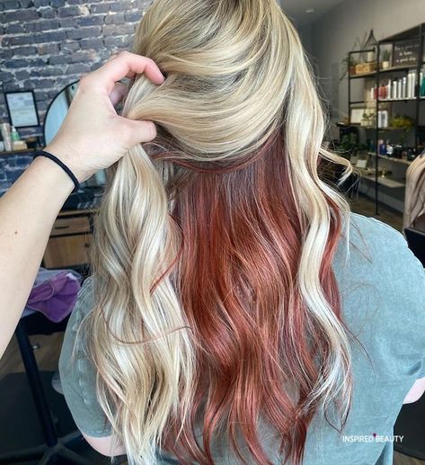 Dual Color Hair Ideas, Blonde And Merlot Hair, Fall Two Tone Hair Color, Dual Hair Color Ideas, Shadow Box Hair Color Ideas, Blonde Hair With Burgundy Underneath, Red Peekaboo Hair Blonde, Blonde With Copper Peekaboo, Two Tone Hair Color Ideas For Blondes