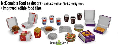 Around the Sims 4 | McDonald’s food - improved menus & decorative versions Here’s a revamped version of my McDonalds food & drink, including decorative versions of food, drinks and packagings, so you can decorate as you want, without the risk to see a part of your decor disappearing in a Sim’s stomach! :D DOWNLOAD HERE Mcdonalds Food, Around The Sims 4, The Sims 4 Custom Content, Mcdonald Menu, The Sims 4 Download, Edible Food, The Sims4, Sims Mods, Food Drinks