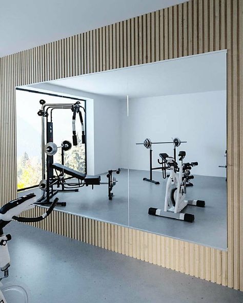 home gym, small home gym, basement gym, home gym inspiration Home Gym Asthetics, Home Gym Dark, Garage Gym Makeover, Home Office Gym Combo Layout, Loft Gym, Container Gym, Modern Home Gym Design, Mini Gym At Home, Home Gym Mirrors