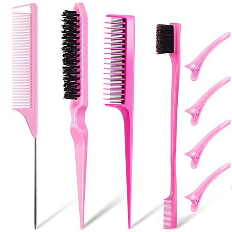 8 Pieces Teasing Brush Set Edge Brush Comb with Hair Clips Grooming Hair Styling Comb Teasing Dual Edges Hair Brush Triple Teasing Comb Sturdy Rat Tail Comb for Women Girls Kids Hair Stylists (Pink) Loose Curls Hairstyles, Edge Brush, Teasing Brush, Hair Braiding Tool, Teasing Comb, Rat Tail Comb, Whiter Teeth, Hair Brush Set, Hair Care Tools