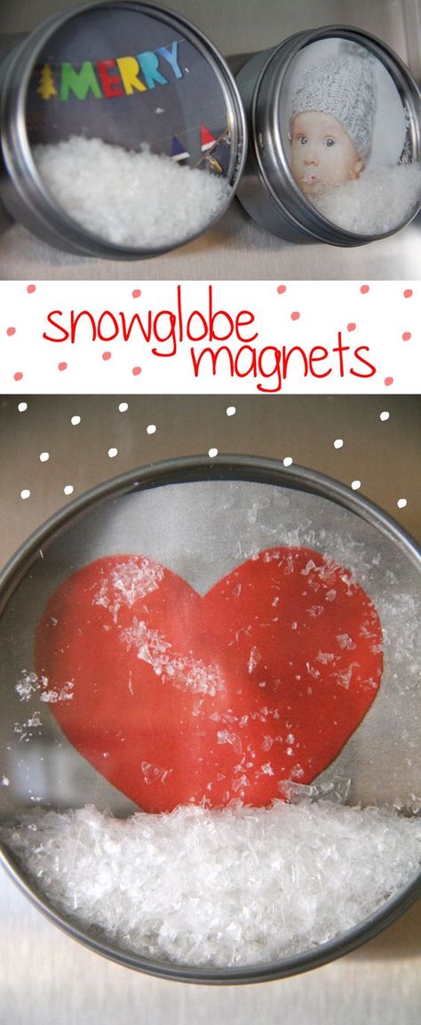 DIY Snow Globe Magnets. Diy Snowglobes, Diy Snowglobe, Magnetic Spice Tins, Magnet Diy, Gifts For Boyfriend Parents, Diy Snow, Winter Projects, Diy Snow Globe, Magnetic Spice