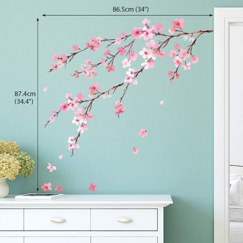 Cherry Blossom Wall Stickers, Flowers On Wall Bedroom Paint, Cherry Blossom Mural Bedroom, Sakura Wall Painting, Bedroom Stickers Wall, Cherry Blossom Wall Painting, Room Stickers Wall Decor, Cherry Blossom Bedroom Ideas, Cherry Blossom Wall Mural