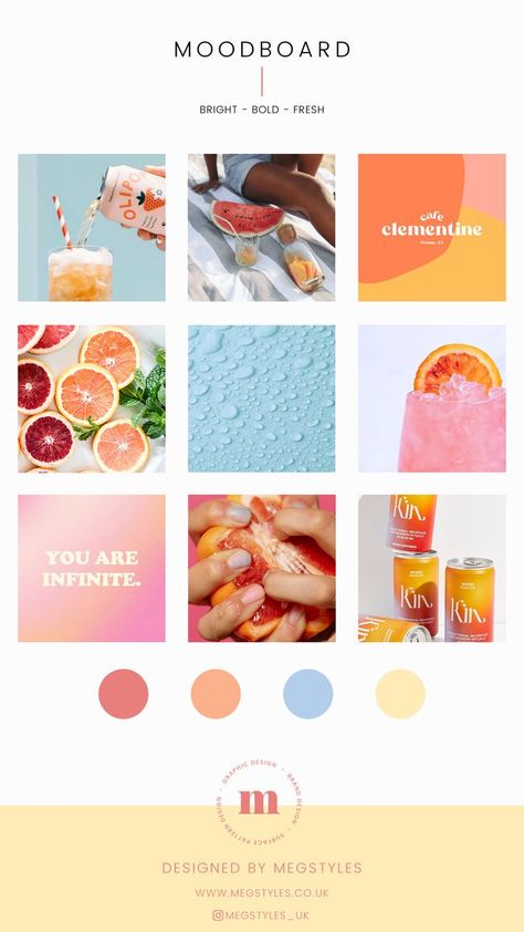 Bright - Bold - Fresh | Visual inspiration and colour palette for a fruit iced tea brand and logo design Color Palette Food Packaging Design, Brand Color Board, Juice Logo Design Ideas Creative, Brand Look And Feel, Happy Branding Design, Healthy Colour Palette, Brighten Made, Bright Bold Branding, Bold Logo Design Inspiration