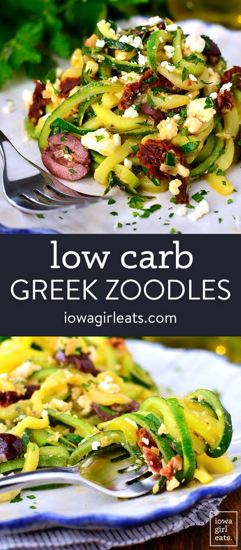 Greek Zoodles cook in just 10 minutes and are full of fresh, clean flavors. Pair this low carb dish with chicken or shrimp healthy dinner. iowagirleats.com keywords: spiralizer recipes, spiralized vegetables, spiralizer recipes healthy, low carb recipe, low carb meals, low carb dinners Spiraled Zucchini Recipes, Recipes Using Zoodles, Recipes With Zoodles, Spiral Veggie Recipes, Zoodle Recipes Side Dish, Vegetable Spiralizer Recipes, Zucchini Spirals Recipes Healthy, Spiralizer Recipes Healthy, Spiralized Veggie Recipes