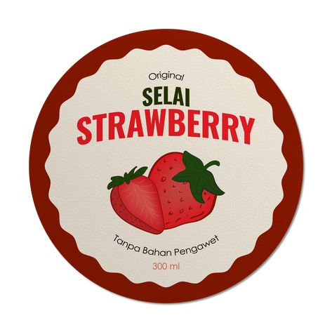 'Selai Strawberry' jam label classics round sticker. Strawberry Label Design, Round Label Design Stickers, Fruit Label Design, Selai Strawberry, Food Label Sticker, Jam Label, Label Ideas, Plank Workout, Food Poster Design