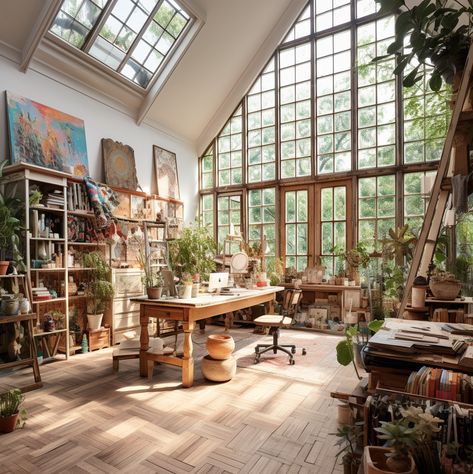 Art Studio Industrial, Conservatory Art Studio, Art Studio With Plants, Sunroom Art Studio, Berlin Blockade, Atelier Ideas, Loft House Design, Art Studio Space, Art Studio Room