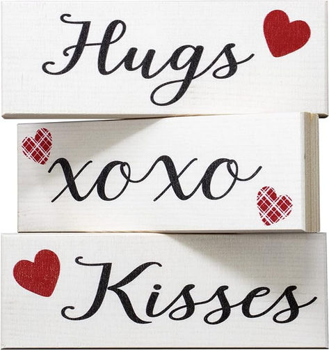 JennyGems Happy Valentines Day Decorations, Hugs and Kisses Valentines Sign, 3 Pieces Wooden Block Set, Valentine's Day Decor, Tiered Tray Decor, Made in USA Kiss Decorations, Farmhouse Decorations, Copper Anniversary, Valentines Decor, Valentines Sign, Shelf Desk, Romantic Messages, Valentine's Day Decor, Valentine Decor