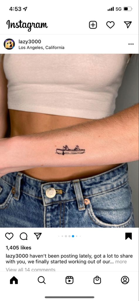 Feminine Boat Tattoo, Boat Line Tattoo, Bass Boat Tattoo, Canoe Tattoo Ideas, Rowing Boat Tattoo, Fishing Pole Tattoo Grandpa, Ferry Boat Tattoo, Canoe Tattoo Simple, Lifeboat Tattoo