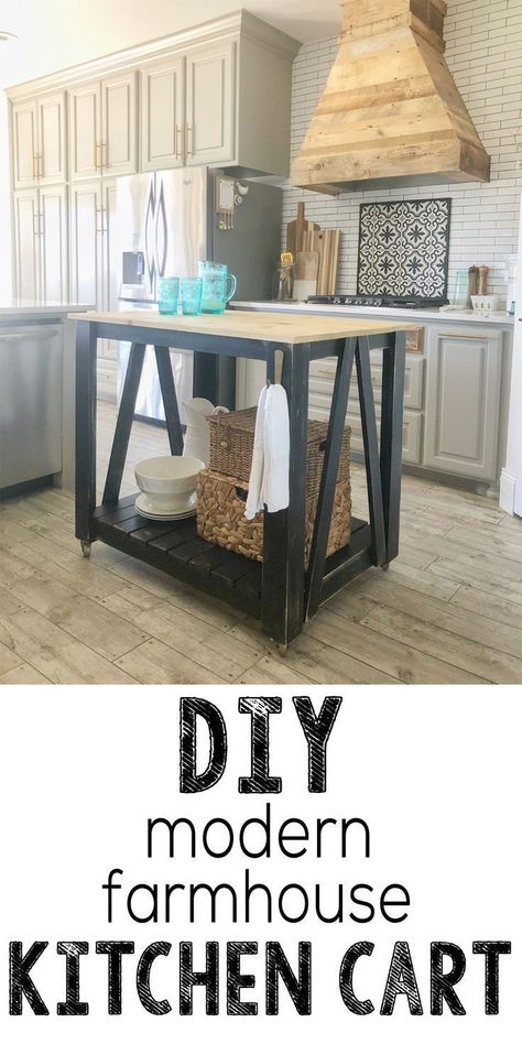 Not all of us have a large space to put a giant kitchen island, but we do have room for a cute island cart, and today that's just what we are building! This farmhouse kitchen cart island is a great DIY piece for a kitchen or eating area. It has tons of st Giant Kitchen Island, Kitchen Cart Island, Farmhouse Furniture Plans, Giant Kitchen, Diy Kitchen Cart, Modern Farmhouse Kitchen Island, Farmhouse Kitchen Diy, Modern Farmhouse Diy, Island Cart