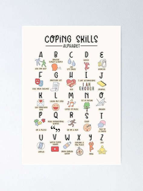 Self Care Alphabet, 100 Coping Skills List, Coping Skills Alphabet, Odd Coping Skills, List Of Coping Skills Adults, A-z Coping Skills, Coping Strategies For Teens, Teen Posters, Sleep Quotes