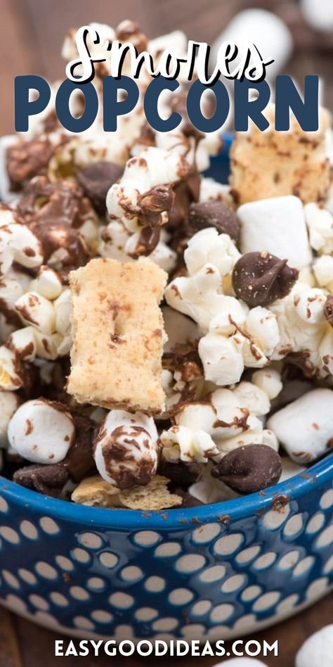 marshmallows, graham crackers and chocolate in dark blue bowl with words on the photo saying the name of the recipe Teenage Birthday Ideas, Smores Popcorn, Covered Popcorn, Fluff Recipes, Marshmallow Fluff Recipes, Popcorn Recipes Easy, Marshmallow Recipes, Baking Snacks, Popcorn Treat