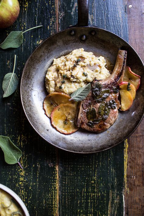 Cider Apple and Sage Roasted Pork Chops with Brown Butter Gorgonzola Polenta - a simple, quick, moist and delicious fall favorite, from halfbakedharvest.com Gorgonzola Polenta, Roasted Pork Chops, Pulled Pork Roast, Easy Fall Dinners, Half Baked Harvest Recipes, Polenta Recipes, Meat And Potatoes, Roasted Pork, Harvest Recipes