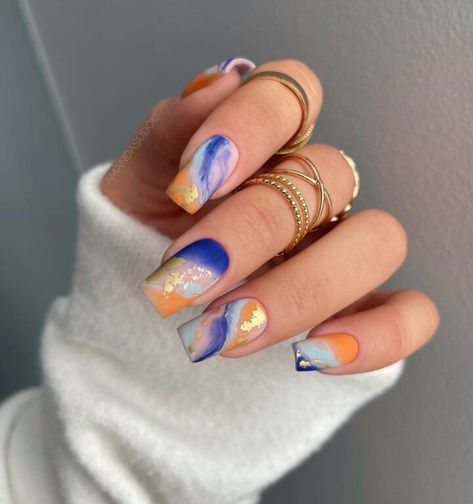 Neon Blue Nails, Royal Blue And Orange, Blue Coffin Nails, Blue Gel Nails, Royal Blue Nails, Blue Glitter Nails, Orange Nail Designs, Navy Blue Nails, Orange Nail