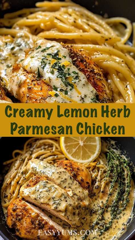 Savor the deliciously creamy and tangy goodness of this Lemon Herb Parmesan Chicken! Tender chicken breasts are smothered in a rich, creamy sauce infused with fresh herbs, zesty lemon, and Parmesan cheese. A comforting, yet flavorful dish that’s perfect for any dinner. Save and share this irresistible recipe today! 🍗🍋🧀 Lemon Garlic Herb Chicken, Lemon And Herb Chicken Recipes, Lemon Recipes Savory, Lemon Dinner Recipes, Creamy Herb Chicken, Lemon And Herb Chicken, Lemon Chicken Breast Recipes, Lemon Dill Chicken, Herb Chicken Recipes