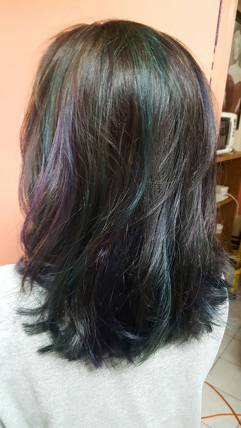 Oil slick hair color on brown hair. Oil Silk Hair Color, Work Friendly Hair Color, Green Streaks In Brown Hair, Pigeon Hair Color, Colored Highlights Brown Hair, Pigeon Hair Dye, Oil Slick Hair Color Brunettes, Coloured Highlights Brown Hair, Hair Color On Brown Hair