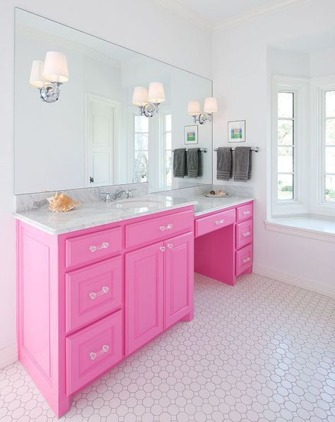 How To Decorate A Pink Bathroom Pink Paint Colors 2023, Hot Pink Bathrooms, Girly Bathroom Ideas, Preppy Bohemian, Girly Bathroom, Girl Bathrooms, Pink Vanity, Bathroom Reno, Trendy Bathroom