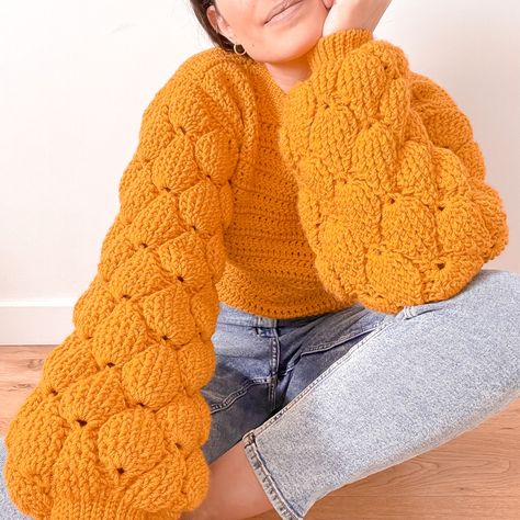 Crochet puffy sleeve for sweater • Puffy Crochet, Crochet Oversized Sweater, Sleeve Crochet, My Future, Lace Crochet, Puffy Sleeves, Short Jacket, Oversized Sweater, Crochet Sweater