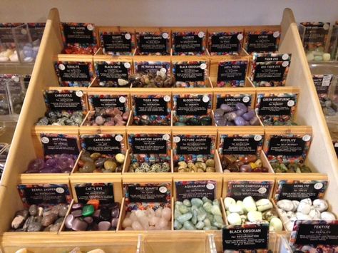 A section of our gemstone display in the shop - 100% natural tumblestones Gem Show Display, Rock Shop Displays, Crystal Store Display Ideas, Crystal Shop Display Ideas, Crystal Shop Display, Metaphysical Shop Ideas, Gemstone Display, Witch Store, Witchcraft Shop