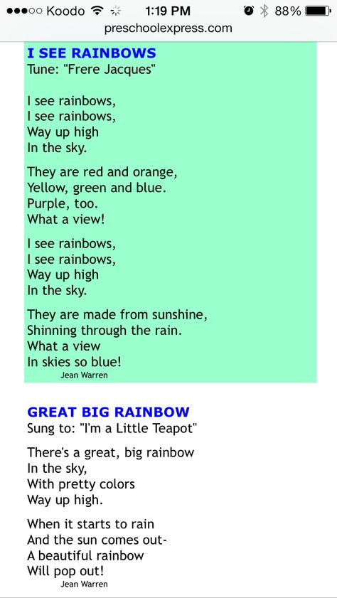 Rainbow songs Rainbow Rhymes Preschool, Shamrock Songs For Toddlers, March Preschool Songs, Spring Toddler Songs, Color Songs For Preschool, Rainbow Songs For Toddlers, Rainbow Songs Preschool, Rainbow Lesson Plans Preschool, Rainbow Rhyme