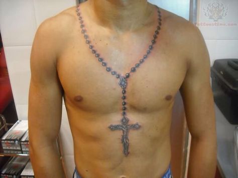 Rosary chest tattoo Rosary Neck Tattoo, Tattoo Patterns For Men, Chest Cross Tattoo, Rosary Tattoo For Men, Ride Or Die Tattoo, Angel Warrior Tattoo, Rip Tattoo, Brother Tattoos, Necklace Tattoo