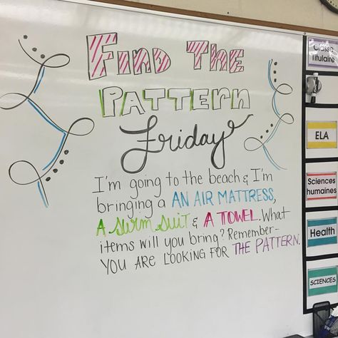 This one is going to be tough... I already am surrounded by "Mme, what?!? I don't get it..." Lol oh Kiddlets, I'm making you think on a Friday#miss5thswhiteboard #teachersfollowteachers #teachersofinstagram #iteachtoo #iteach7th Friday Whiteboard, Whiteboard Activities, Whiteboard Prompts, Whiteboard Writing, Whiteboard Ideas, Classroom Whiteboard, Whiteboard Messages, Morning Board, Responsive Classroom