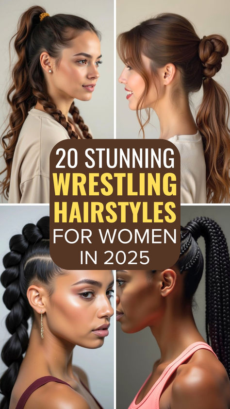 Four stunning wrestling hairstyles for women in 2025, featuring sleek braids, elegant buns, and stylish ponytails. Perfect mix of fashion and function for the mat! Hair Styles For Hip Hop Dance, Braids For Wrestlers, Powerlifting Meet Hairstyles, Girl Wrestling Hairstyles, Law Enforcement Hairstyles For Women, Hairstyles For Wrestling, Girls Wrestling Hairstyles, Dance Comp Hairstyles, Hairstyle For Dance Performance