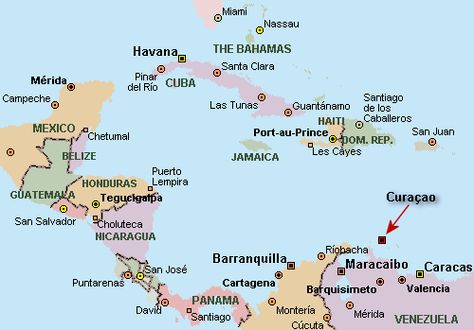 Oficialmente País de Curazao, es un territorio autónomo del Reino de los Países Bajos, con superficie aproximada de 444 km². Está situada en el sur del mar Caribe, a unos 50 km de la costa occidental de Venezuela, y pertenece al grupo de las islas de Sotavento, junto con sus islas vecinas de Aruba y Bonaire. Hasta 2010 formó parte de las Antillas Neerlandesas. Puntarenas, America Latina, Country Maps, Vacation Ideas, Aruba, Central America, The Caribbean, Dream Vacations, Geography