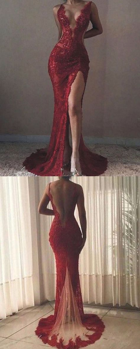 Side Split Prom Dress, Red Lace Prom Dress, Burgundy Prom, Split Prom Dresses, Evening Fashion, Mermaid Prom Dresses Lace, Mode Tips, Burgundy Prom Dress, Evening Party Gowns