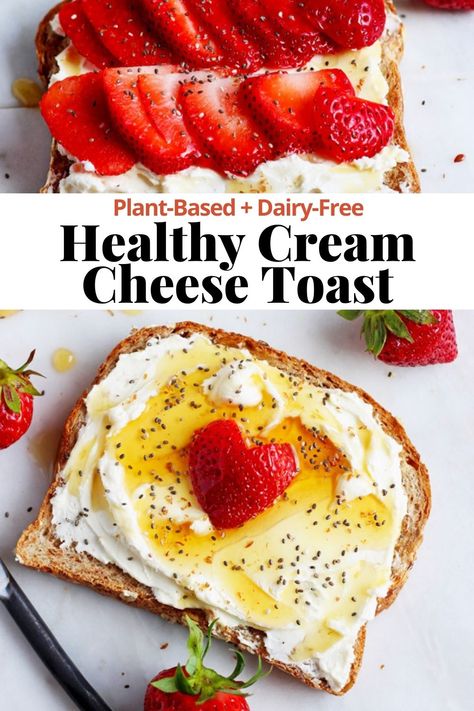 Cream Cheese Toast - a simple and delicious way to start your day! This easy cream cheese toast is topped with fresh strawberries, honey and chia seeds. Gluten-free friendly, dairy-free and plant-based. Such a great healthy breakfast idea! #creamcheesetoast #creamcheesetoastrecipe #thewoodenskillet #dairyfreebreakfast #thewoodenskillet Cream Cheese On Toast, Cream Cheese Snacks, Cream Cheese Toast, Cream Cheese Breakfast, Healthy Cream Cheese, Cheese Toast Recipe, Cheese On Toast, Quick Easy Breakfast, Toast Ideas