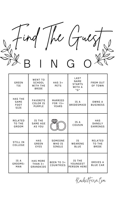 Wedding BINGO or Find the Guest BINGO to have your guests mingle and meet each other! Wedding Bingo, Wedding Party Games, Wedding Games For Guests, Wedding Reception Games, Wedding Game, Wedding Reception Fun, Bridal Shower Planning, Wedding Activities, Future Wedding Plans