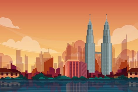 Beautiful landscape with petronas twin t... | Premium Vector #Freepik #vector #malaysia-building #kuala-lumpur #tower #skyscraper Malaysia Wallpaper, Malaysia Art, Malaysia Illustration, Malaysia Background, Kuala Lumpur Illustration, Malaysia Culture Illustration Art, Malaysia Culture Illustration, Twin Towers Malaysia Drawing, Malaysia Landmark