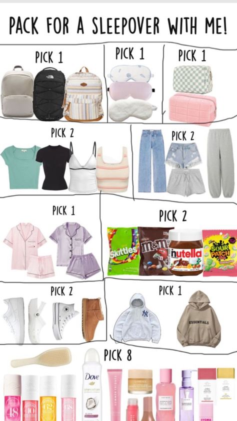 Pack For A Sleepover, Preppy Pjs, Sleepover Packing List, Clothes Collage, Trip Essentials Packing Lists, Packing For Vacation, Teen Sleepover Ideas, Sleepover Essentials, Road Trip Bag