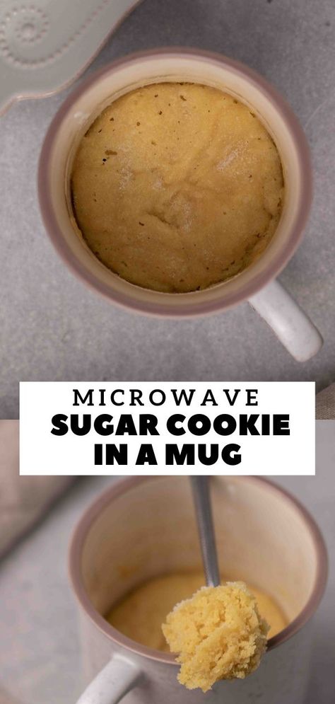 This microwave mug sugar cookie is the perfect single-serve dessert if you love holiday sugar cookies. It is made with a few simple ingredients plus one secret ingredient to keep it soft and chewy. It is even topped with granulated sugar to remind you of your favorite traditional sugar cookies! Get ready to satisfy all your holiday cravings with this festive recipe for one! #mugcookie #microwavedessert #microwavecookie #sugarcookieinamug #easyrecipe #smallbatch Sugar Cookie Mug Cake, Microwave Sugar Cookie, Cookie In Mug, Single Serve Sugar Cookie, Sugar Cookie In A Mug, Mug Sugar Cookie, Cookie Mug Cake, Mug Cookie Recipes, Homemade Vanilla Frosting