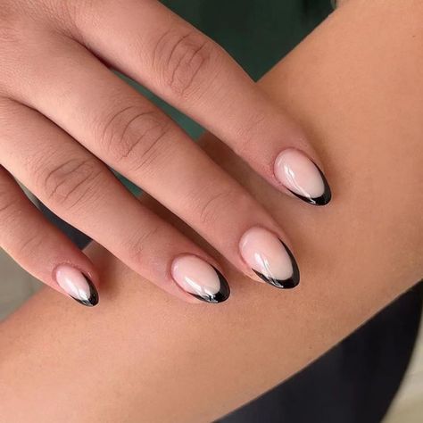 Bridesmaid Black Nails, Black And White French Tip Acrylic Nails, Nails To Go With Wine Color Dress, Short Almond Tip Nails, French Tips Almond With Design, Black White Checkered Nails, Black Cat Eye French Tip Nails, Black Nails Gel Short, Colored French Tip Acrylic Nails