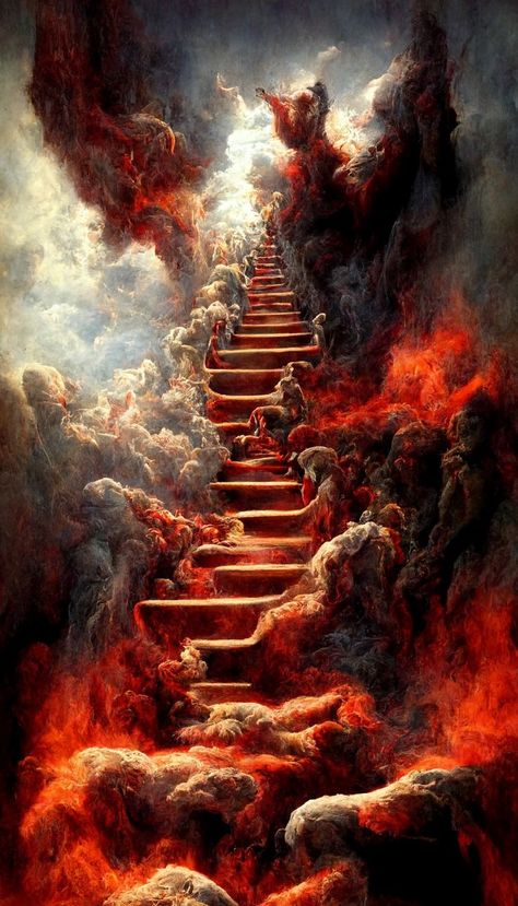 #heaven #hell #art #stairway Heaven Depictions, Hell And Heaven Art, Hell Aesthetic Dark, Heaven Vs Hell Tattoo, Hell Concept Art, Heaven And Hell Art, Hell Paintings, Inferno Aesthetic, Stair To Heaven