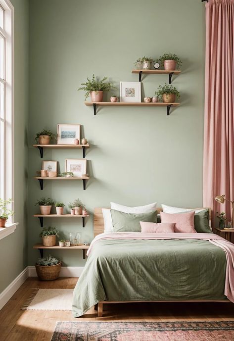 31 Chic Sage Green and Pink Bedroom Inspirations 25 Sage Green And Pink Bedroom, Green And Pink Bedroom, Pink Bedroom Accessories, Pink Green Bedrooms, Girls Bedroom Green, Green Girls Rooms, Light Green Bedrooms, Sage Green And Pink, Sage Bedroom