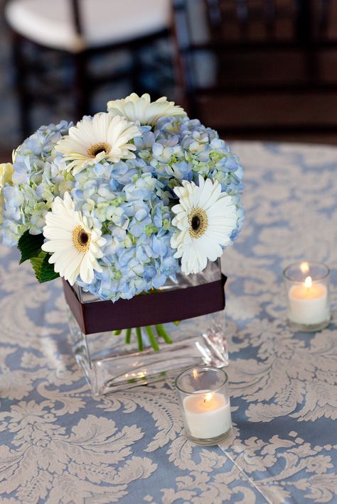 Blue Hydrangea and White Gerber Daisies Daisy Wedding Centerpieces, Blue Hydrangea Centerpieces, Hydrangea Centerpiece Wedding, Daisy Bouquet Wedding, Gerbera Daisy Wedding, Daisy Centerpieces, Orchid Centerpieces, Hydrangea Centerpiece, Daisy Wedding