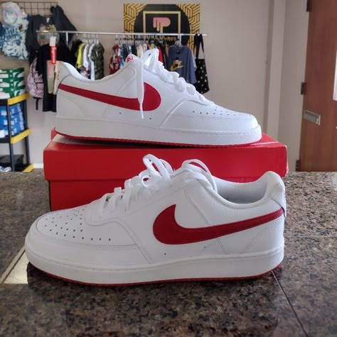 Nike Court Vision Low Men's 12 shoes (White/Red) Sneakers Nike Court Vision Low Outfit Women, Nike Court Vision Low Outfit, Nike Red Sneakers, Red White Shoes, Nike Vision, Red Nike Shoes, Nike Court Vision Low, Nike Court Vision, White Nike Shoes