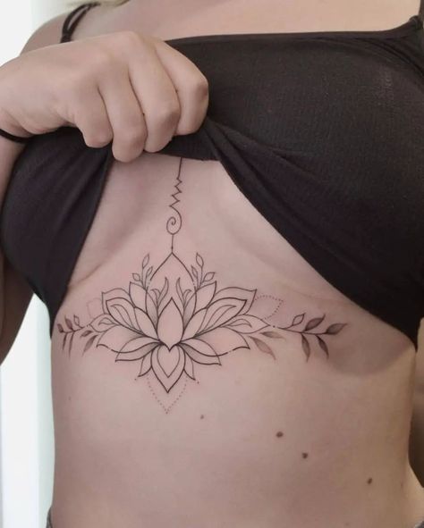 Cute Chest Tattoos, Sternum Tattoo Lotus, Tattoos With Roses, Chest Tattoo Flowers, Lotus Flower Tattoo Ideas, Best Chest Tattoos, Sternum Tattoo Design, Rose And Butterfly Tattoo, Cuff Tattoo